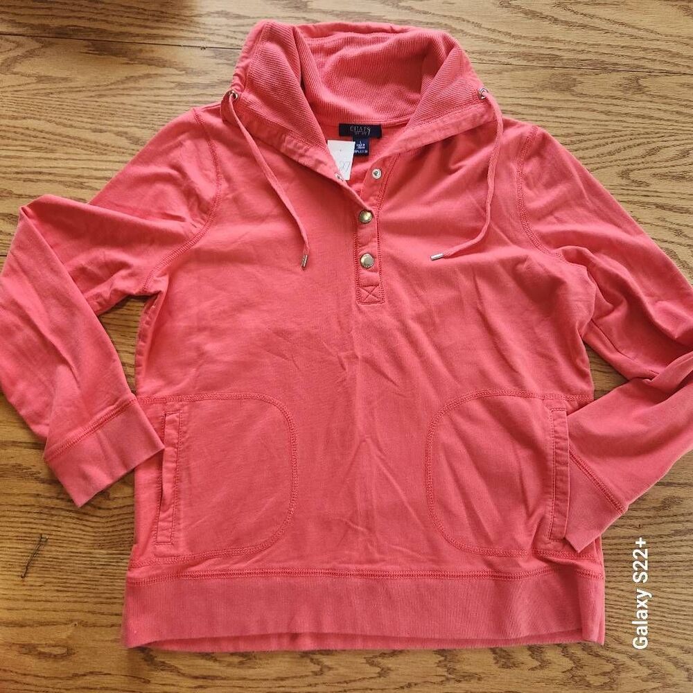 A27 Chaps Coral Red Pullover high neck sweatshirt with 3-snap Placket